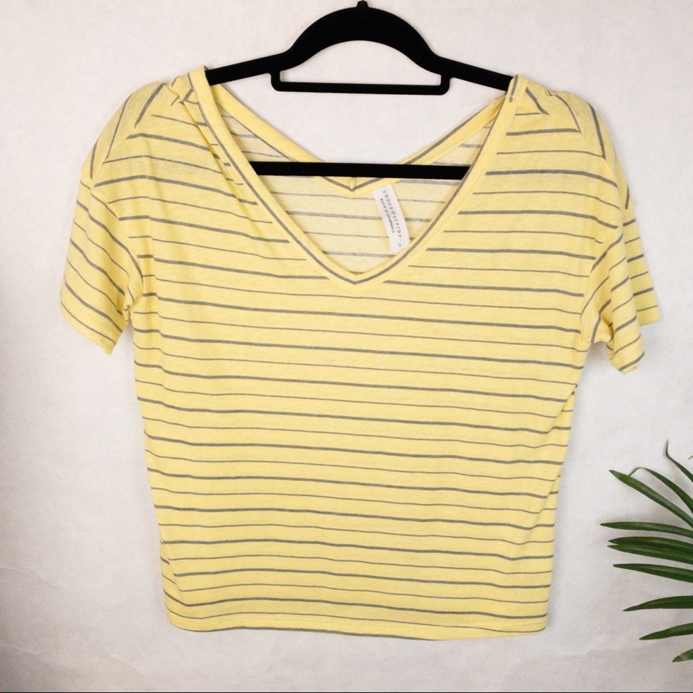 Yellow Striped Short Sleeve V Neck Crop Top Shirt